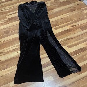 Fashion Nova Black Velvet Power ShoulderJumpsuit with Rhinestone Mesh Detail, 3X